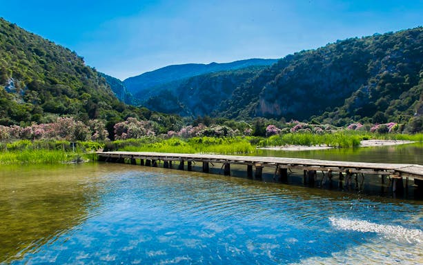 Wooden bridge over clear water with lush greenery and mountains in Baunei, Sardinia.