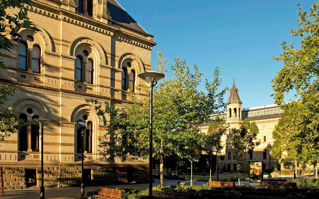 Historic building and gardens in Adelaide city center.