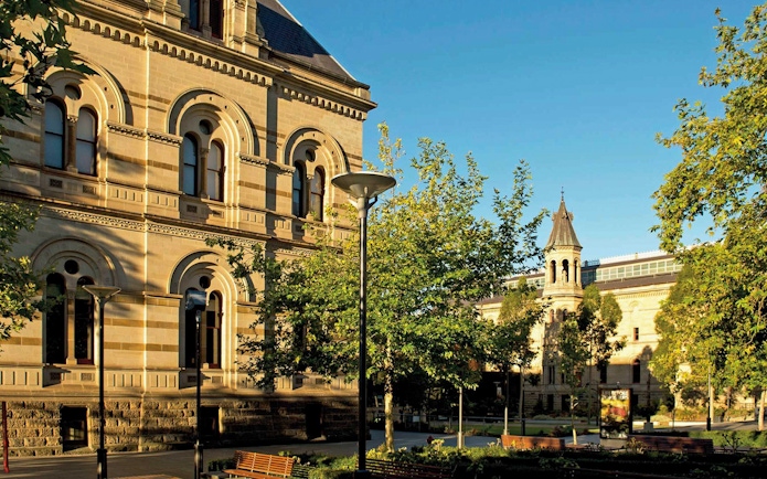 Historic building and gardens in Adelaide city center.