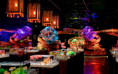 Ginza Art Aquarium with illuminated fish tanks and vibrant light displays.
