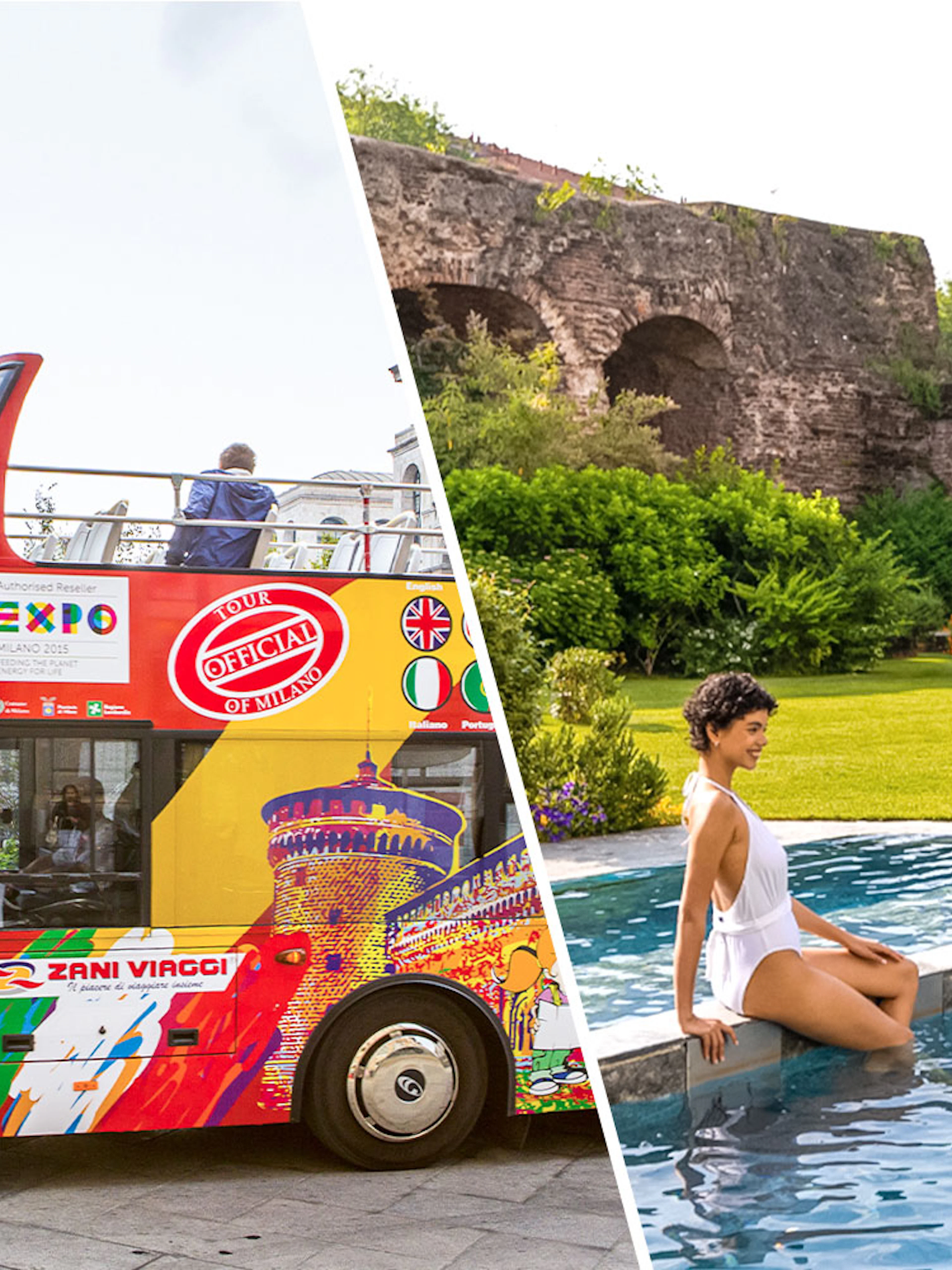 Milan hop-on hop-off bus near Duomo and woman relaxing at QC Terme Milano spa.