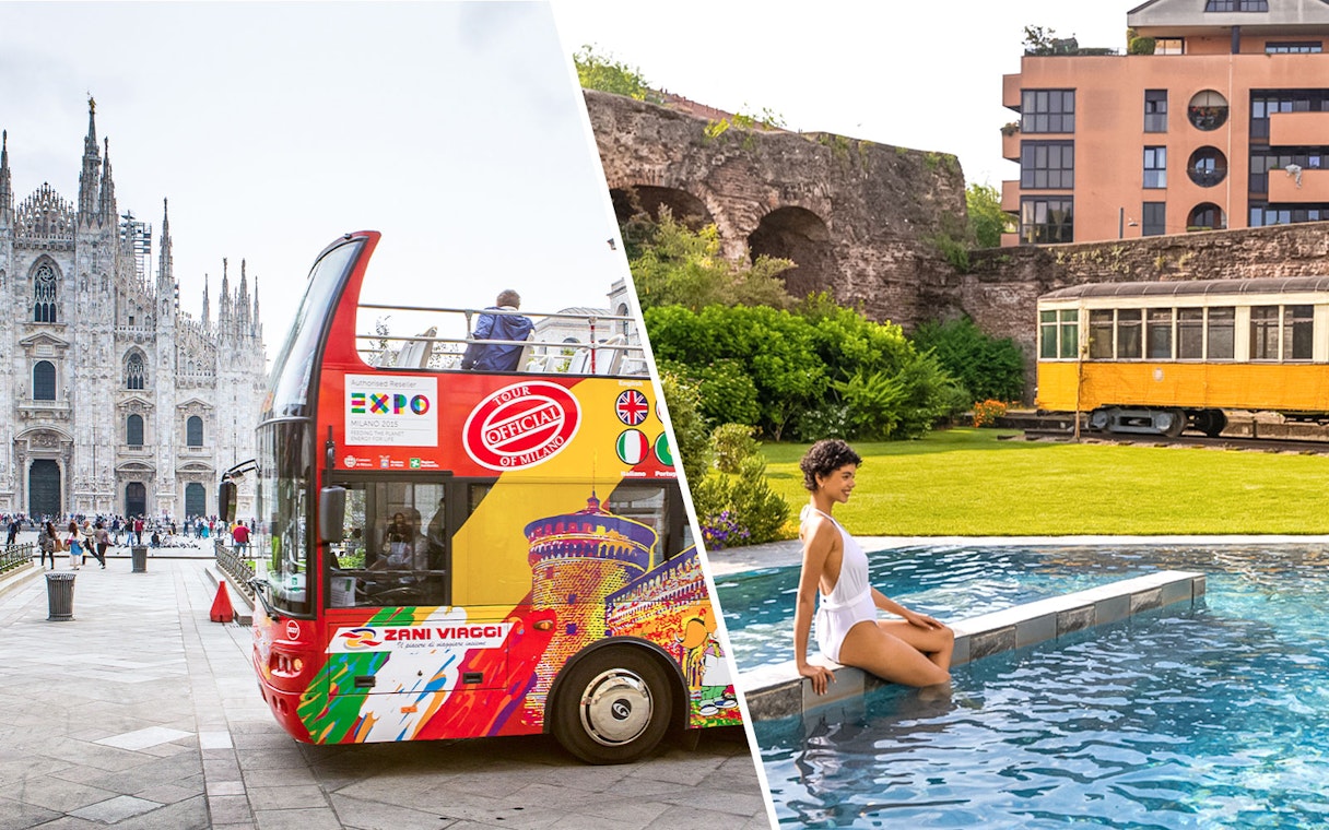 Milan hop-on hop-off bus near Duomo and woman relaxing at QC Terme Milano spa.