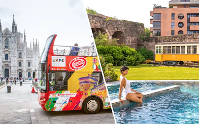 Milan hop-on hop-off bus near Duomo and woman relaxing at QC Terme Milano spa.