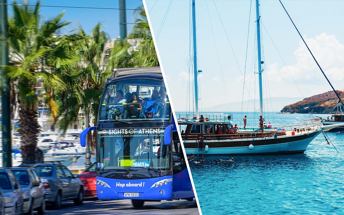 Athens tour bus and cruise ship on a sunny day, part of the Athens Combo Ticket experience.