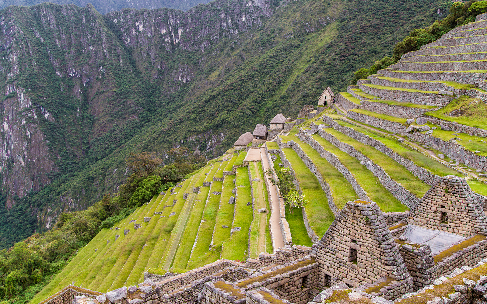 Terraced agriculture fields at Machu Picchu with stone structures and mountain backdrop.