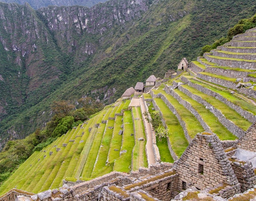 Terraced agriculture fields at Machu Picchu with stone structures and mountain backdrop.