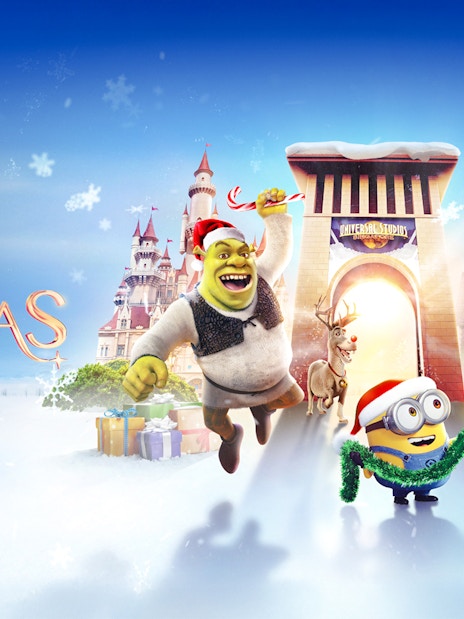 Shrek and Minions celebrating Christmas at Universal Studios Singapore.