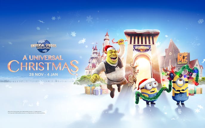 Shrek and Minions celebrating Christmas at Universal Studios Singapore.