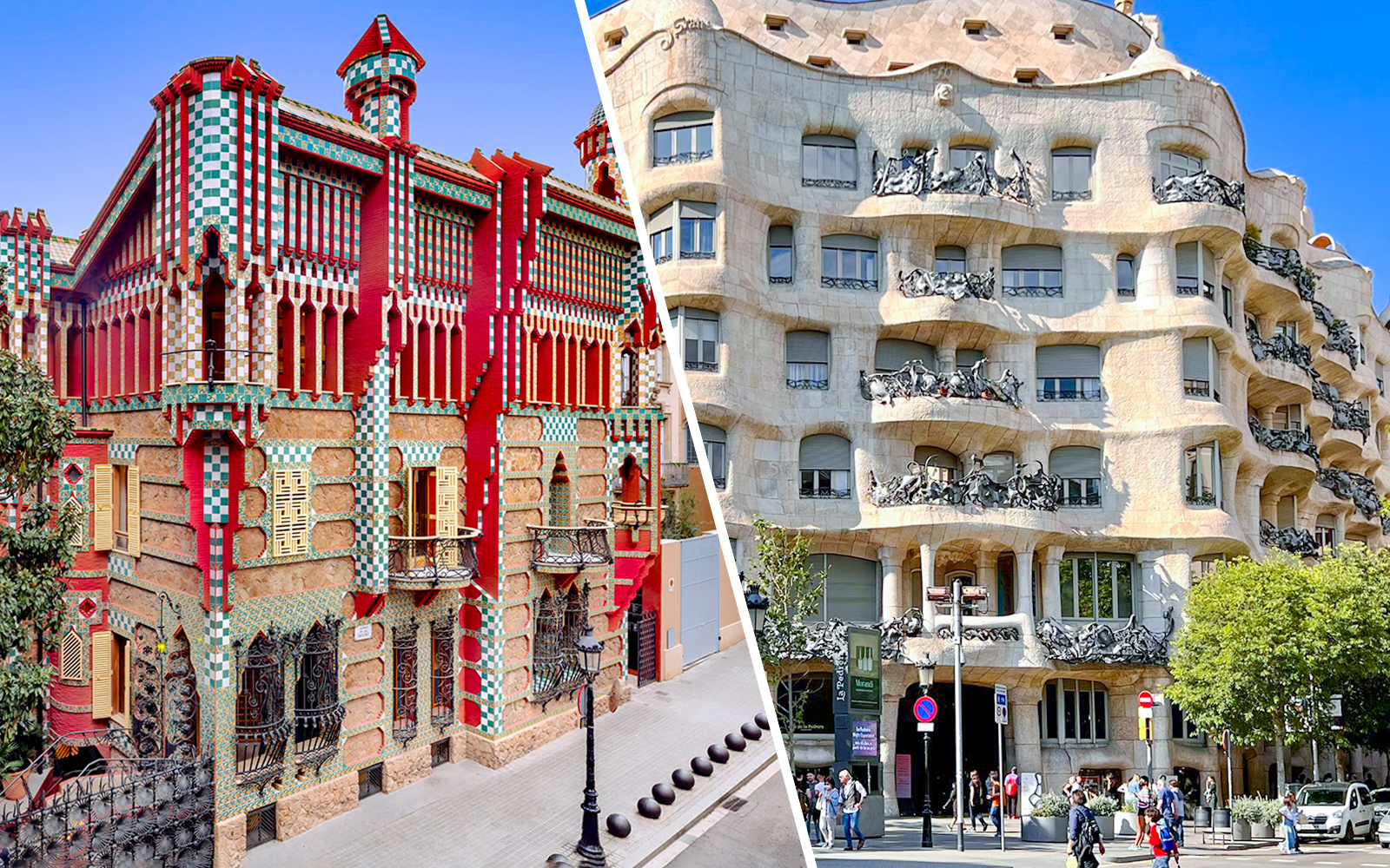 Casa Vicens and Casa Mila architectural details in Barcelona, Spain.