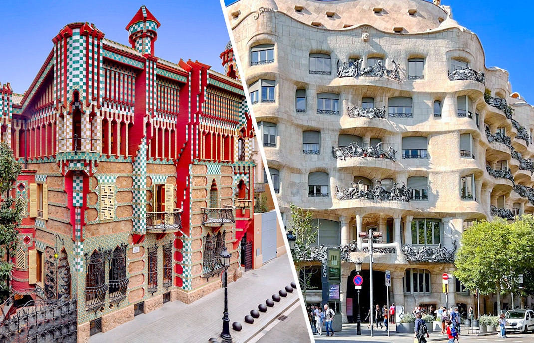 Casa Vicens and Casa Mila architectural details in Barcelona, Spain.