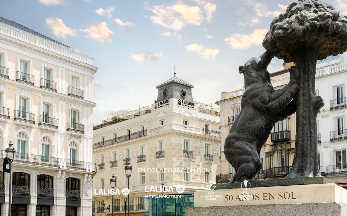 Bear and Strawberry Tree statue near the Home of Football Museum, Madrid.