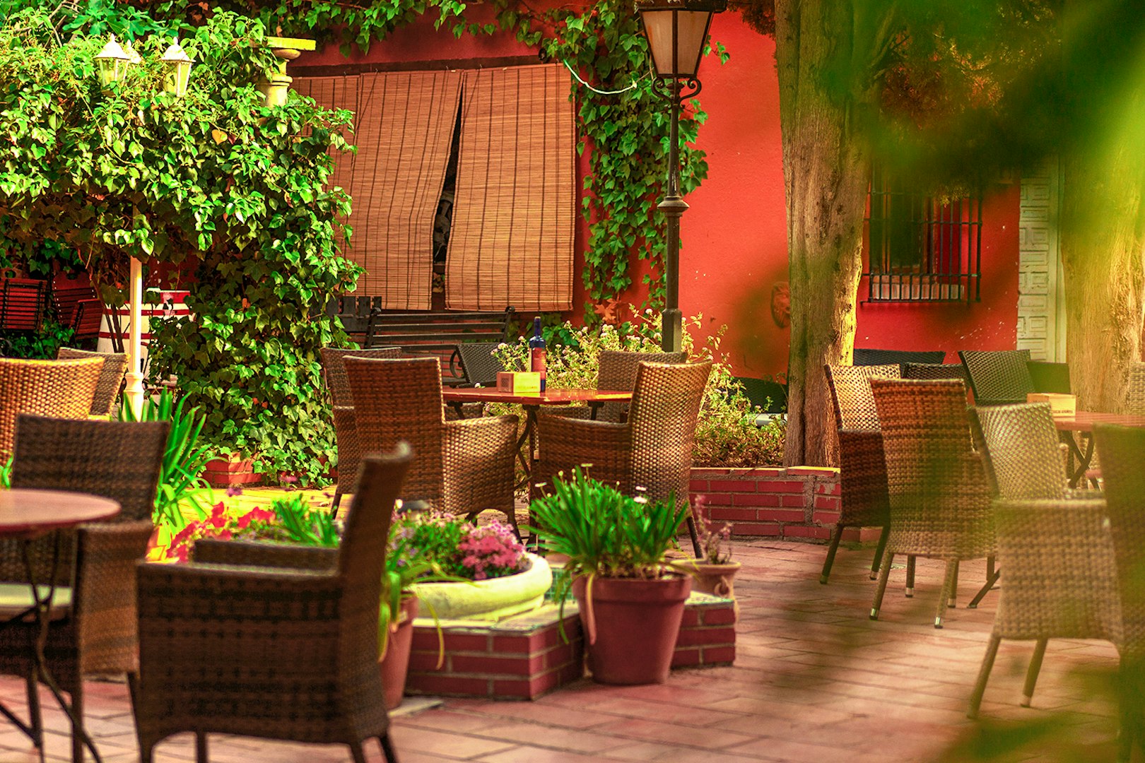 Outdoor seating area at Tablao flamenco Jardines de Zoraya with wicker chairs and lush greenery.