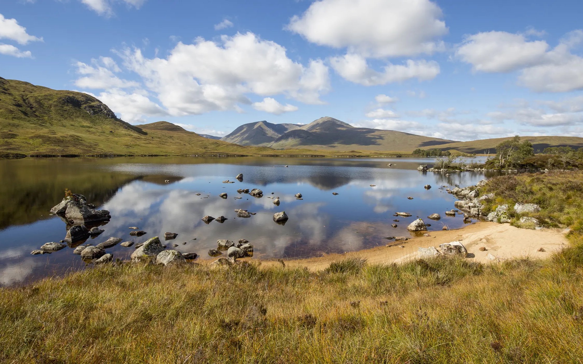 Rannoch Moor landscape with mountains and a reflective lake in Scotland.