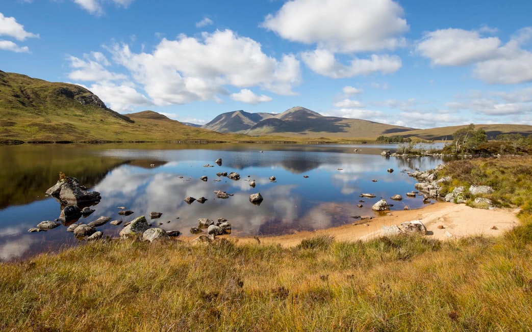 Rannoch Moor landscape with mountains and a reflective lake in Scotland.