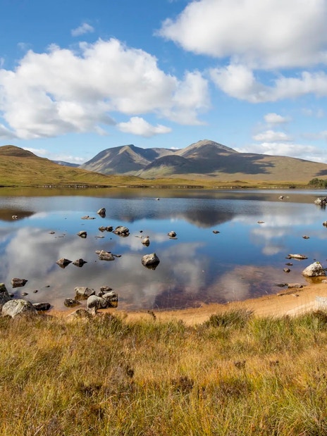 Rannoch Moor landscape with mountains and a reflective lake in Scotland.