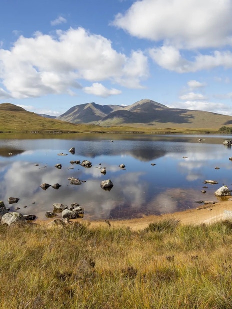 Rannoch Moor landscape with mountains and a reflective lake in Scotland.