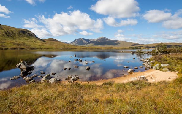 Rannoch Moor landscape with mountains and a reflective lake in Scotland.
