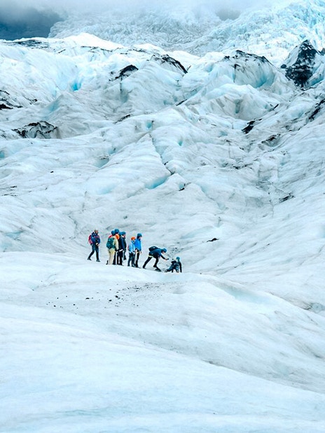 Group hiking on Vatnajökull Glacier, Iceland.