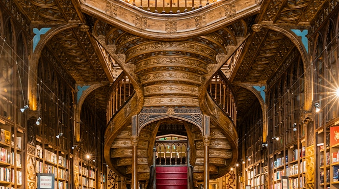 Lello Library's ornate staircase and bookshelves in Porto, Portugal.