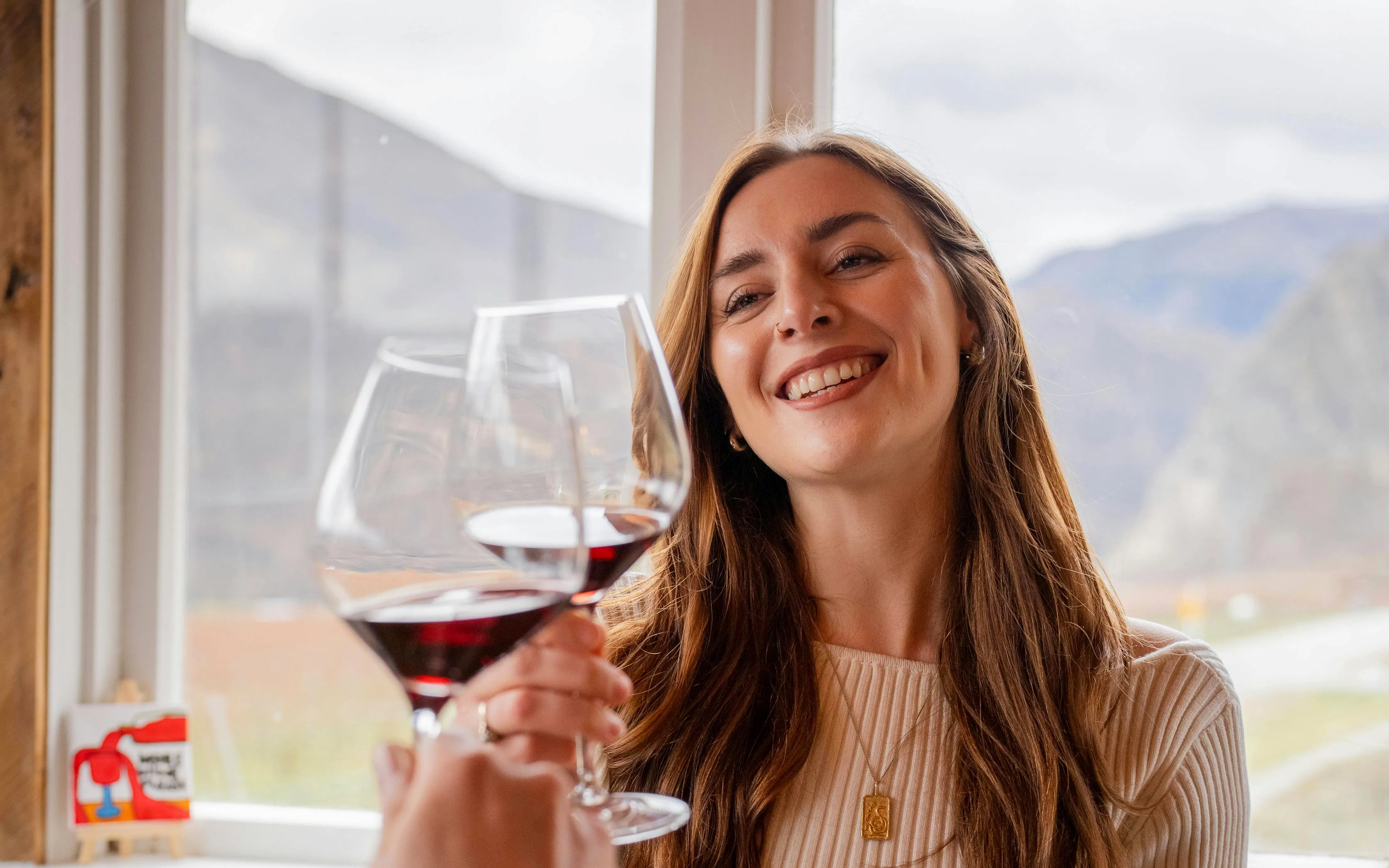 Toasting with red wine during a Queenstown wine tour.