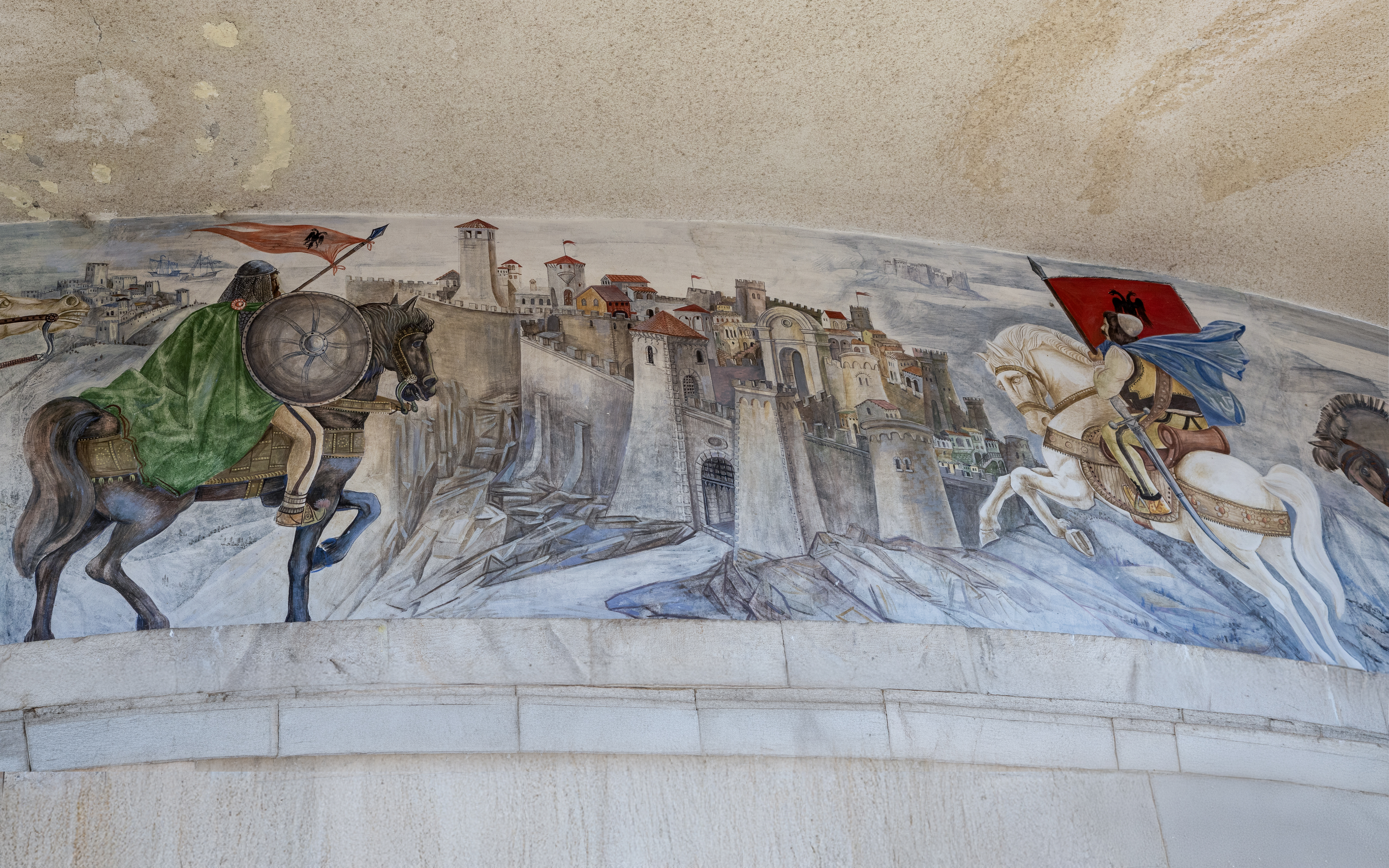 Mural depicting historical battle scene at the Skanderbeg Museum in Kruja, Albania.