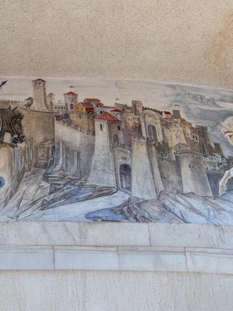 Mural depicting historical battle scene at the Skanderbeg Museum in Kruja, Albania.