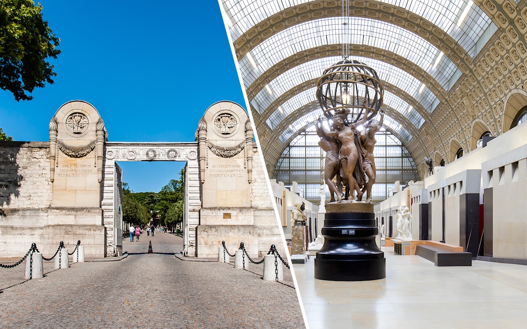 Père Lachaise Cemetery entrance and interior of a museum with sculptures in Paris.