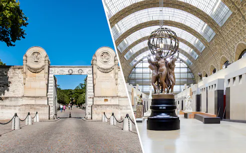 Père Lachaise Cemetery entrance and interior of a museum with sculptures in Paris.