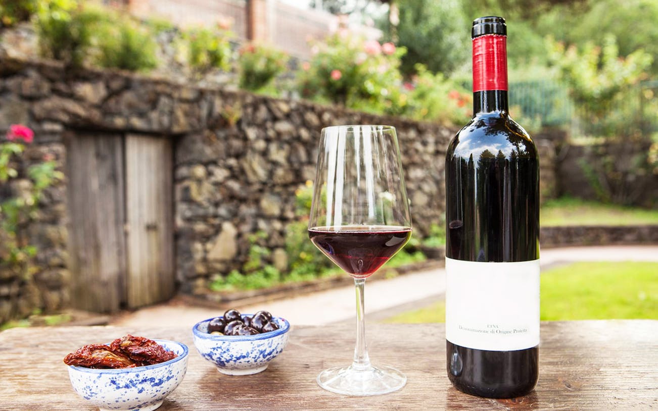 Wine bottle and glass with olives and sun-dried tomatoes at Etna wine-tasting experience.