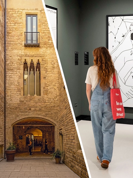 Picasso Museum courtyard and visitor viewing artwork in Barcelona's Gothic area.