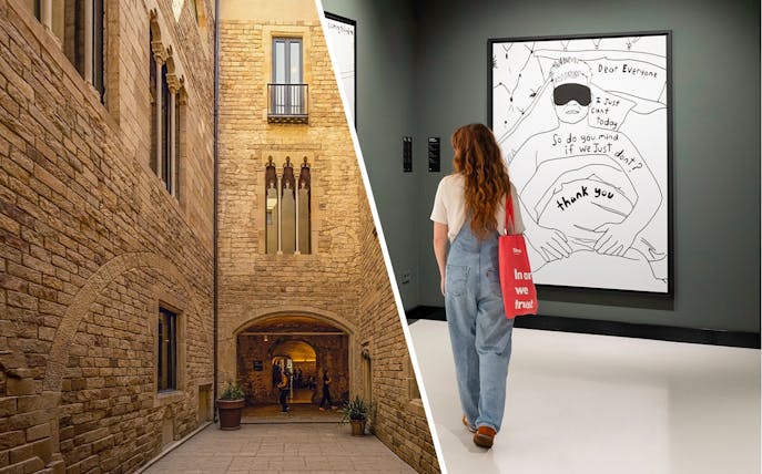 Picasso Museum courtyard and visitor viewing artwork in Barcelona's Gothic area.