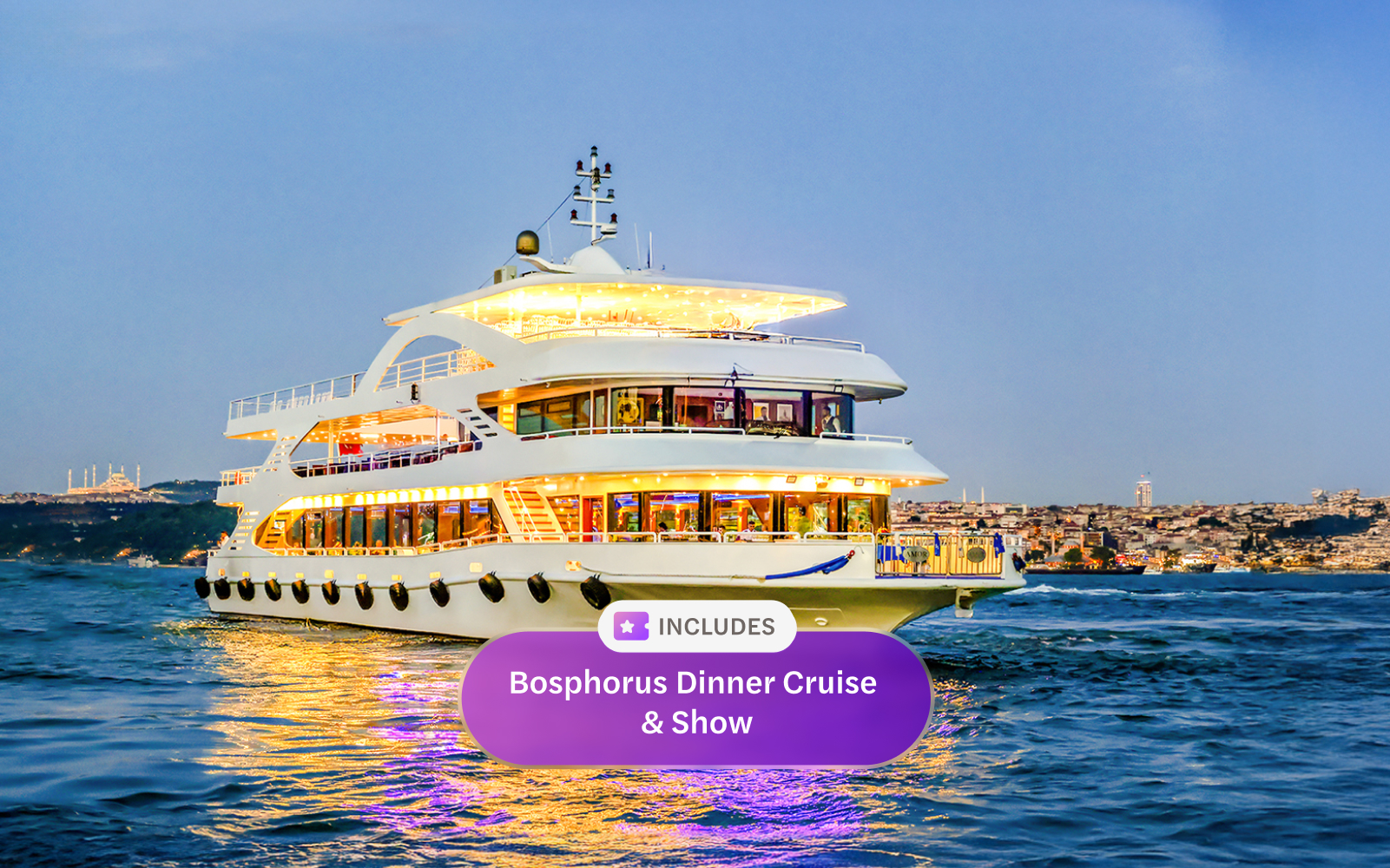 Cruise ship on Bosphorus strait during evening, Istanbul skyline in background.