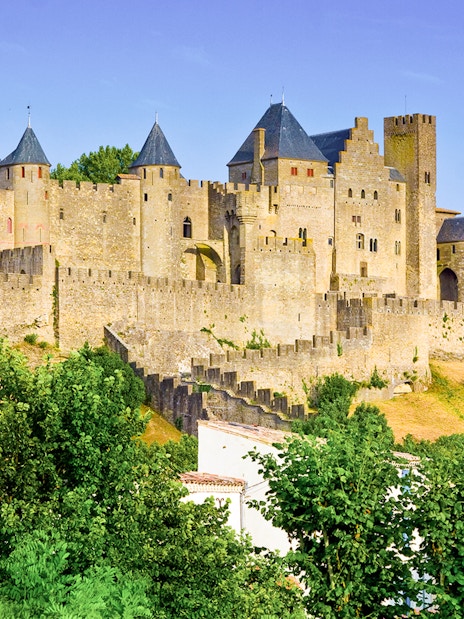 Carcassonne medieval fortress with towers and walls on a sunny day.