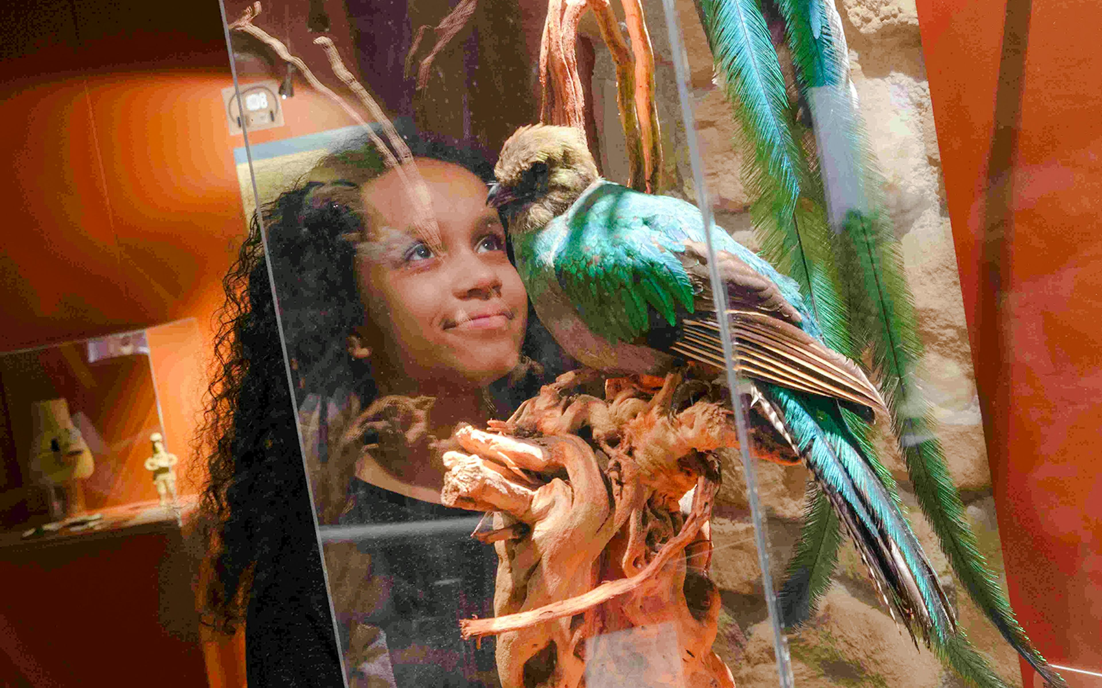 Girl observing chocolate artifact at Choco-Story Paris museum.