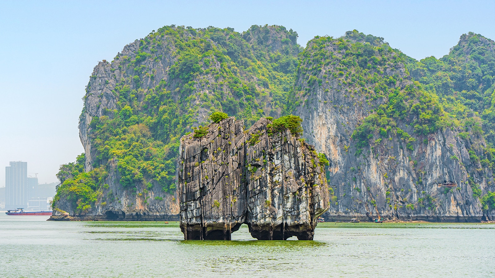 Dinh Huong Islet in Ha Long Bay, Quang Ninh, Vietnam, with limestone formations.