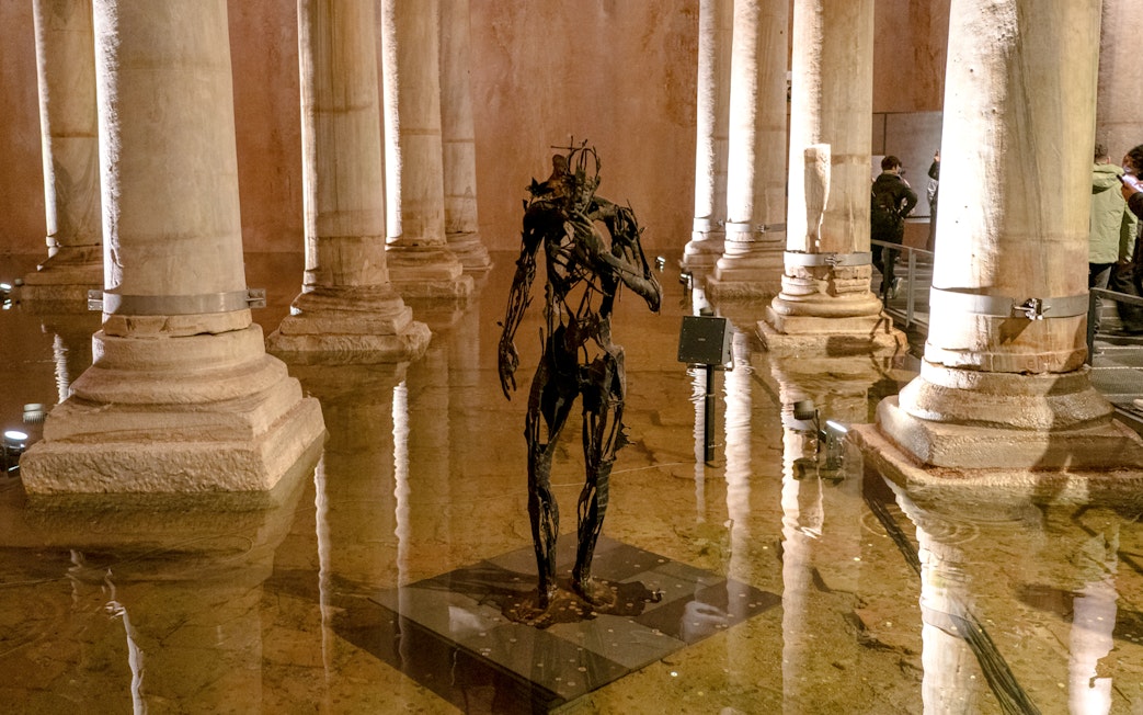 Sculpture among columns in Basilica Cistern, Istanbul.
