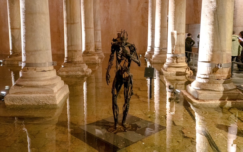 Sculpture among columns in Basilica Cistern, Istanbul.