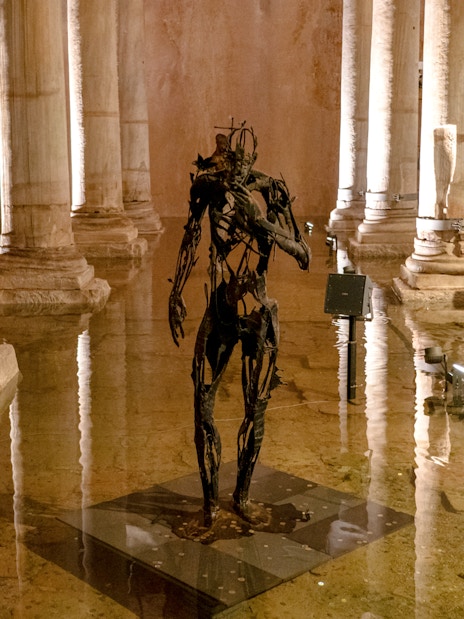 Sculpture among columns in Basilica Cistern, Istanbul.