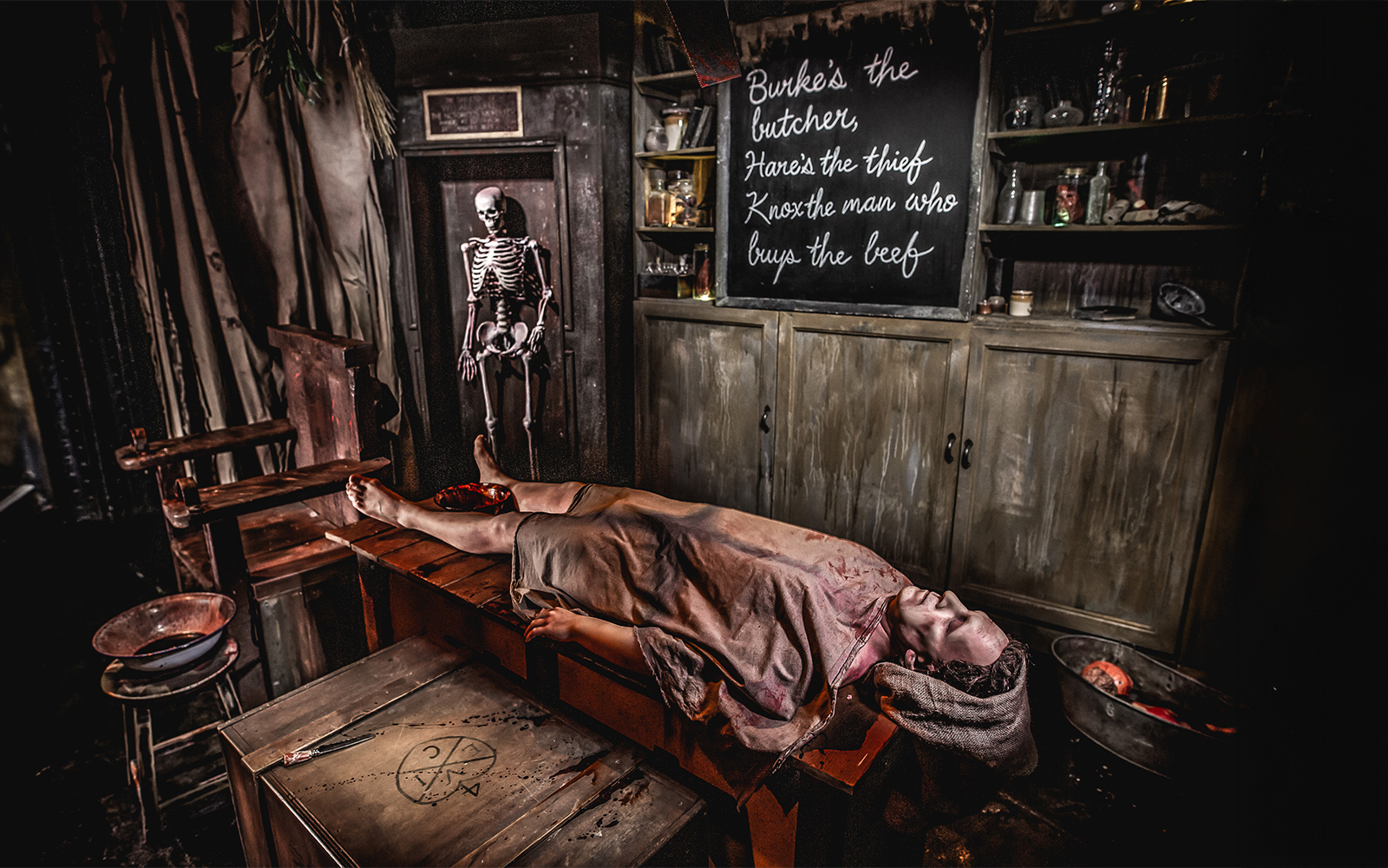 Dr Knox's Anatomy Theatre with a skeleton and a figure on a table.