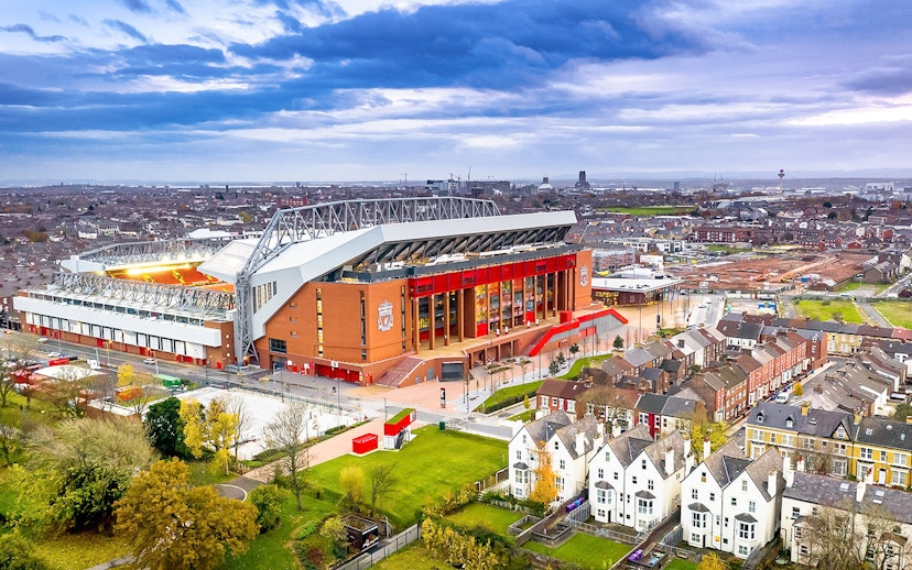 Liverpool FC stadium aerial view with surrounding neighborhood.