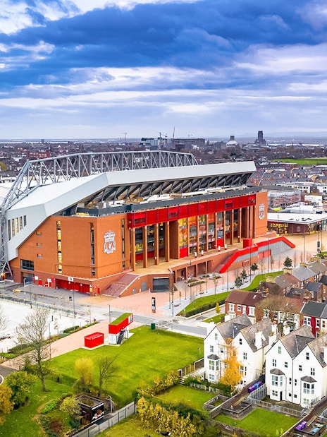 Liverpool FC stadium aerial view with surrounding neighborhood.