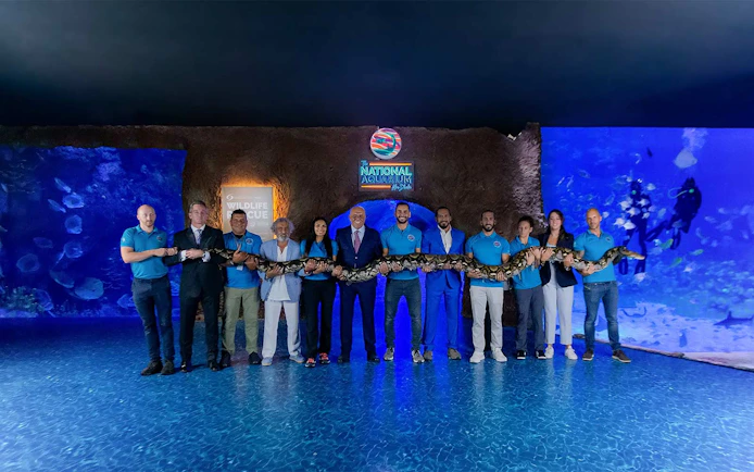 Group holding a large snake at the National Aquarium Abu Dhabi.