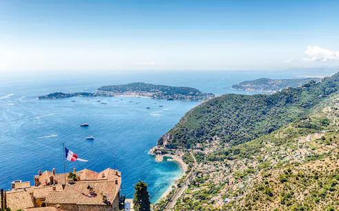 Aerial view of Èze village rooftops and coastline, Cote d'Azur, France.