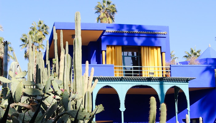 Jardin Majorelle's vibrant blue building with cacti in the foreground, Marrakech.