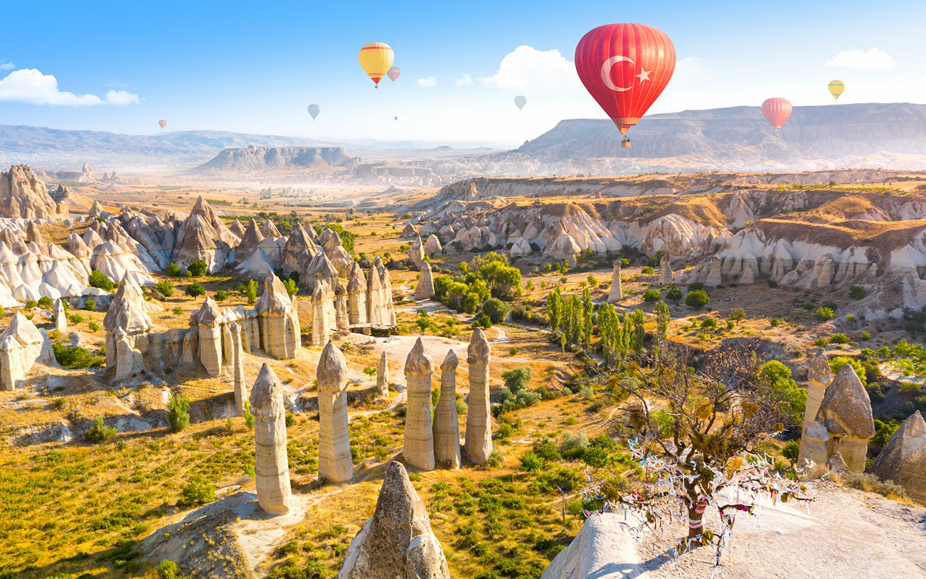 Hot air balloons over Love Valley, Cappadocia, with unique rock formations below.