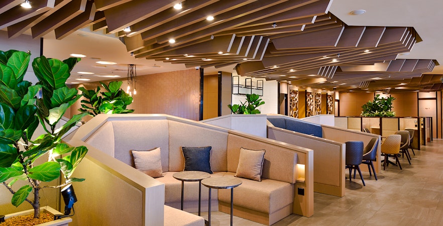Seating area in Plaza Premium Lounge, Singapore airport with modern decor and plants.