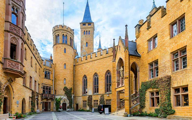 Hohenzollern Castle courtyard with historic architecture, Burg, Germany.