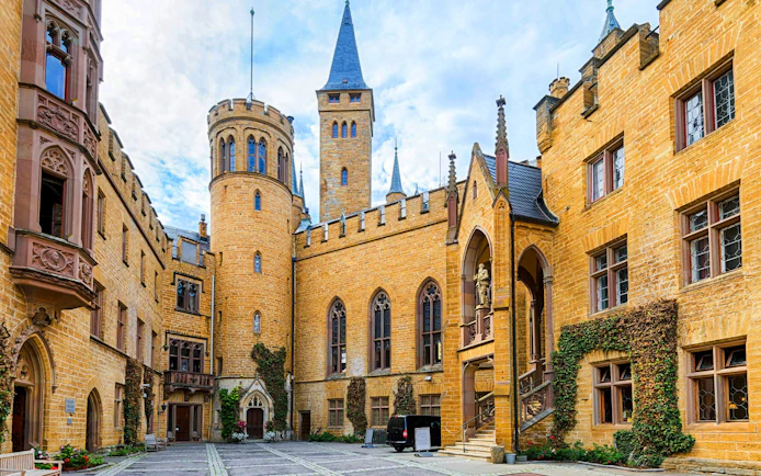 Hohenzollern Castle courtyard with historic architecture, Burg, Germany.