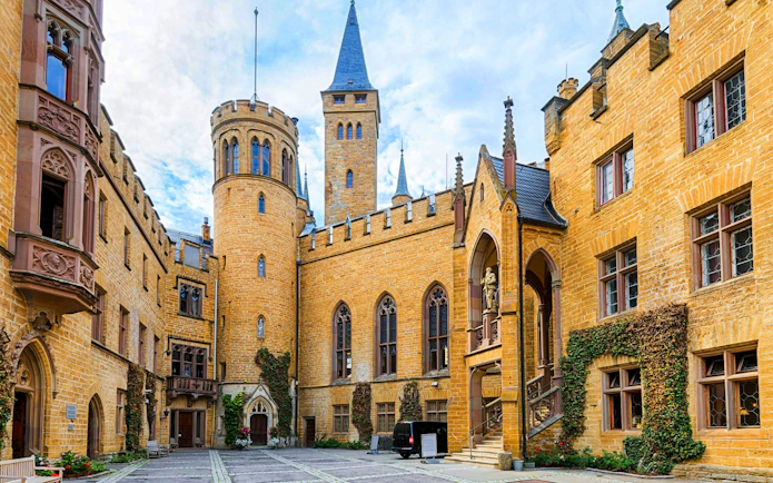 Hohenzollern Castle courtyard with historic architecture, Burg, Germany.