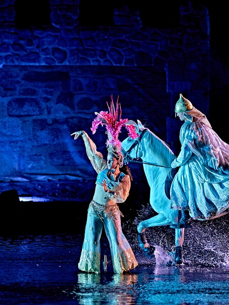 Performer and horse in Puy du Fou España night show.